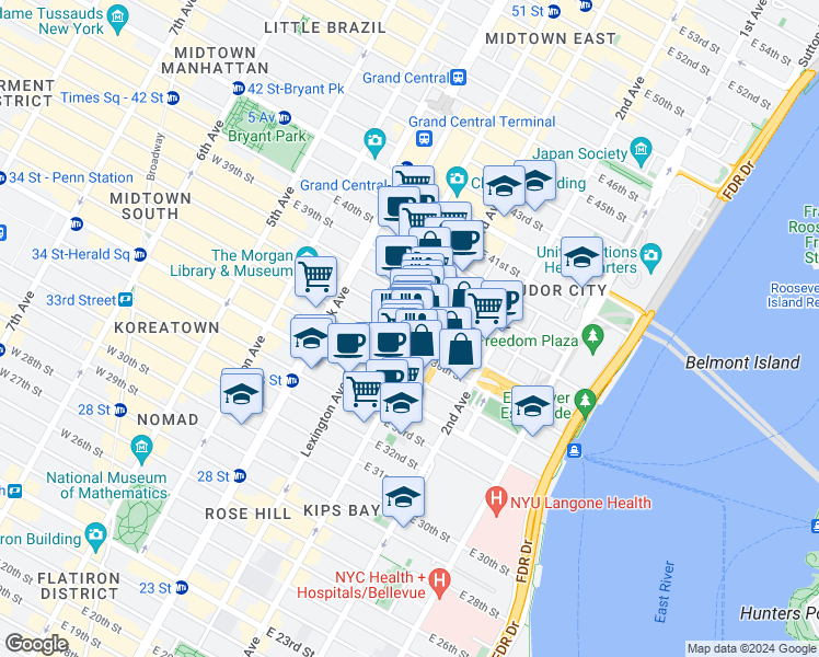 map of restaurants, bars, coffee shops, grocery stores, and more near 162 East 36th Street in New York