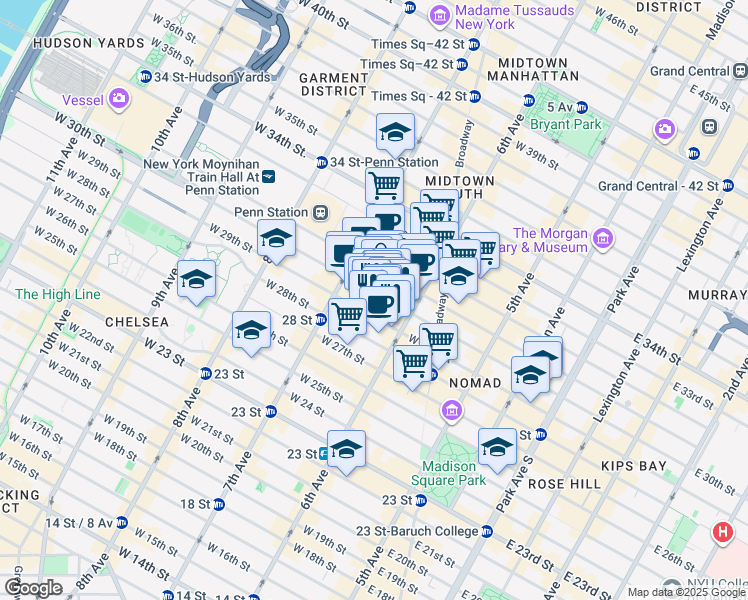 map of restaurants, bars, coffee shops, grocery stores, and more near 120 West 30th Street in New York