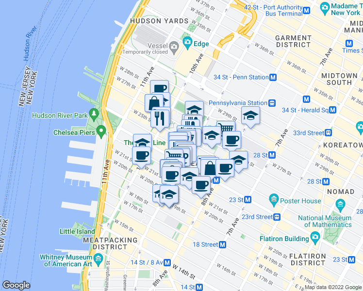 map of restaurants, bars, coffee shops, grocery stores, and more near 233 9th Avenue in New York
