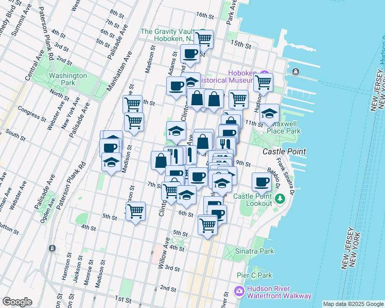 map of restaurants, bars, coffee shops, grocery stores, and more near 836 Park Avenue in Hoboken