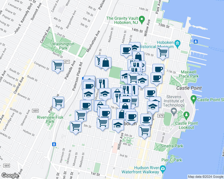 map of restaurants, bars, coffee shops, grocery stores, and more near 812 Grand Street in Hoboken