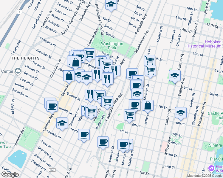 map of restaurants, bars, coffee shops, grocery stores, and more near 405 Ogden Avenue in Jersey City