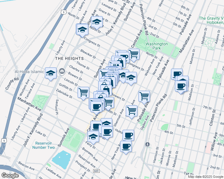 map of restaurants, bars, coffee shops, grocery stores, and more near 131 Cambridge Avenue in Jersey City