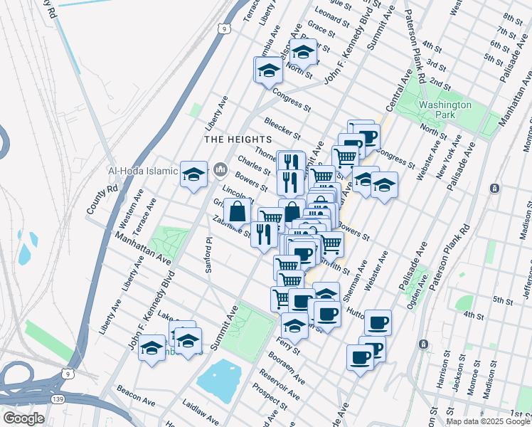 map of restaurants, bars, coffee shops, grocery stores, and more near 65 Lincoln Street in Jersey City