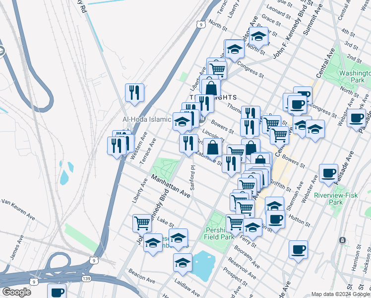 map of restaurants, bars, coffee shops, grocery stores, and more near 3371 John F. Kennedy Boulevard in Union City