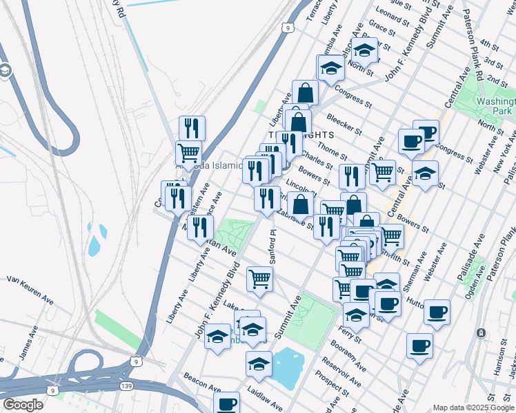 map of restaurants, bars, coffee shops, grocery stores, and more near 3371 John F. Kennedy Boulevard in Union City