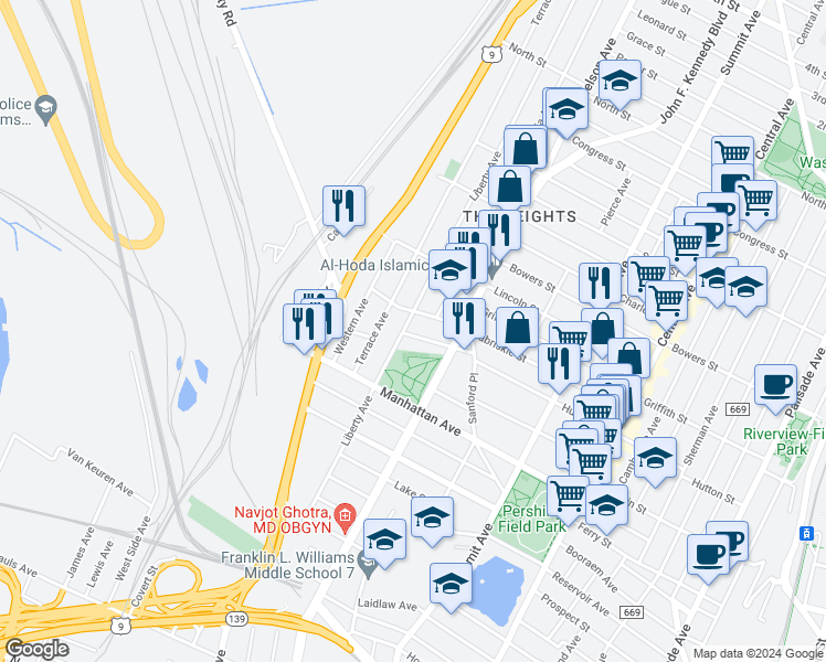map of restaurants, bars, coffee shops, grocery stores, and more near 271 Hutton Street in Jersey City