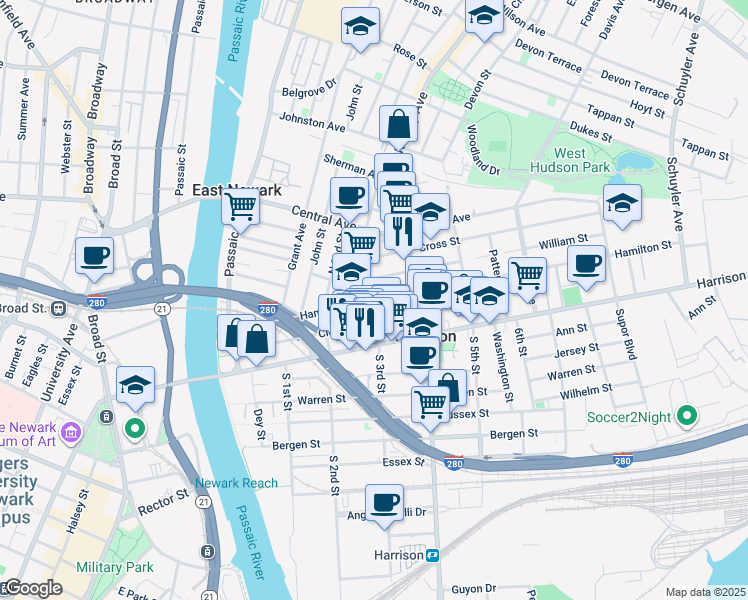 map of restaurants, bars, coffee shops, grocery stores, and more near 241 Hamilton Street in Harrison