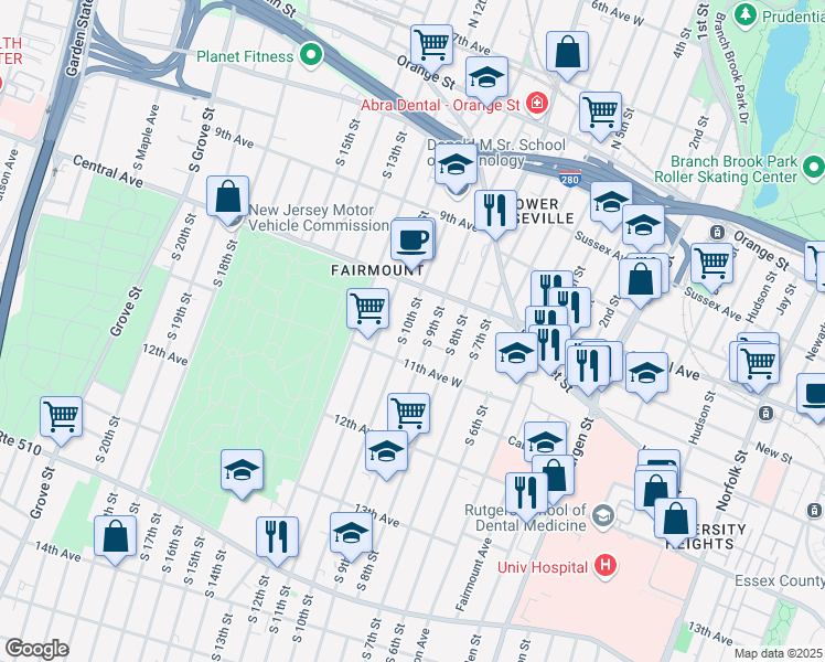 map of restaurants, bars, coffee shops, grocery stores, and more near 161 South 10th Street in Newark