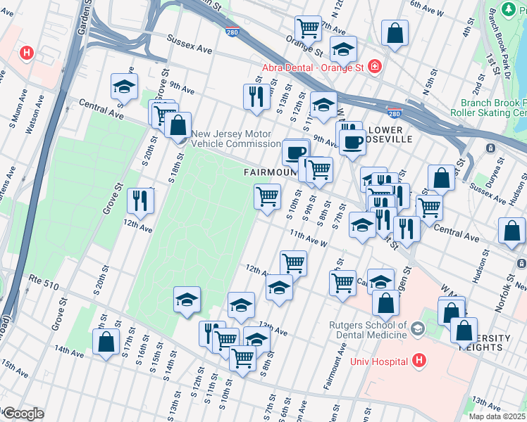 map of restaurants, bars, coffee shops, grocery stores, and more near 133 11th Avenue West in Newark
