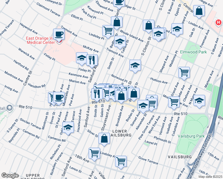 map of restaurants, bars, coffee shops, grocery stores, and more near 29 Halstead Street in Newark