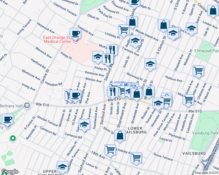 map of restaurants, bars, coffee shops, grocery stores, and more near 135 Smith Street in Newark