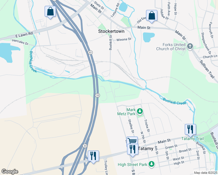 map of restaurants, bars, coffee shops, grocery stores, and more near 1540 Tatamy Road in Easton