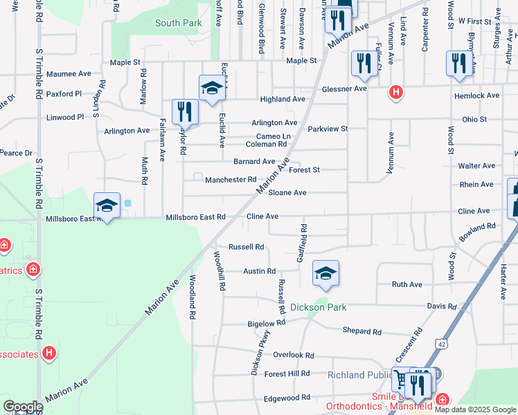 map of restaurants, bars, coffee shops, grocery stores, and more near 570 Cline Avenue in Mansfield