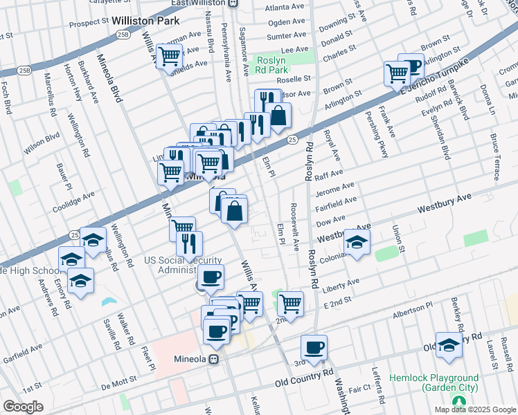 map of restaurants, bars, coffee shops, grocery stores, and more near 101 Jackson Avenue in Mineola