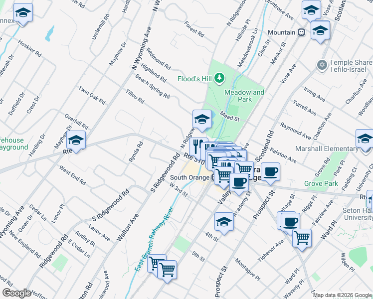 map of restaurants, bars, coffee shops, grocery stores, and more near 200 South Orange Avenue in South Orange