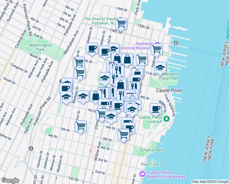 map of restaurants, bars, coffee shops, grocery stores, and more near 836 Park Avenue in Hoboken