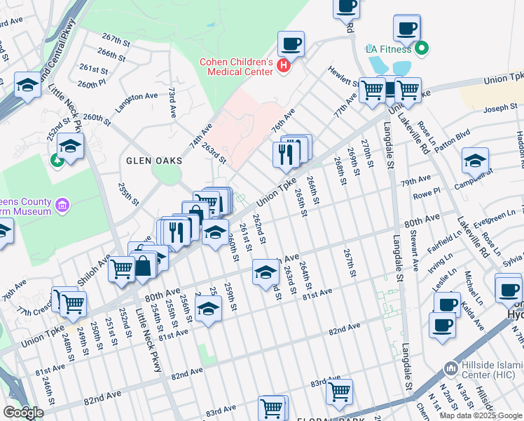 map of restaurants, bars, coffee shops, grocery stores, and more near 77-11 262nd Street in Queens