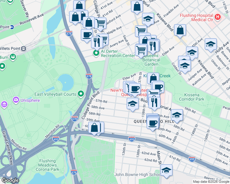 map of restaurants, bars, coffee shops, grocery stores, and more near 132-37 57th Avenue in Queens