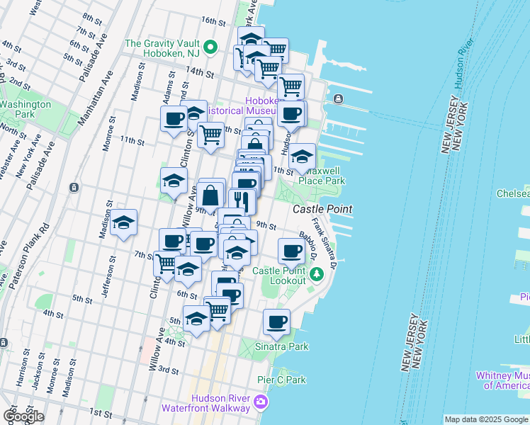 map of restaurants, bars, coffee shops, grocery stores, and more near 913 Hudson Street in Hoboken