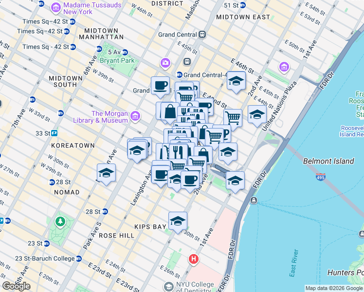 map of restaurants, bars, coffee shops, grocery stores, and more near in New York