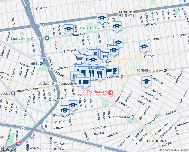 map of restaurants, bars, coffee shops, grocery stores, and more near 77-11 Roosevelt Avenue in Queens