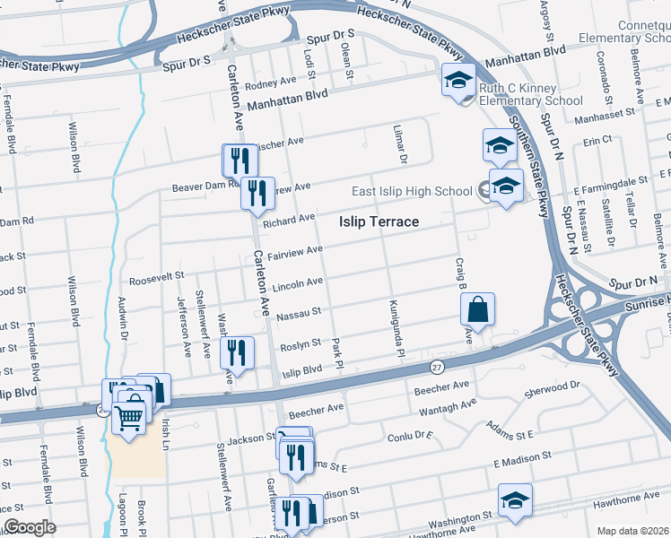 map of restaurants, bars, coffee shops, grocery stores, and more near 25 Lincoln Avenue in Islip Terrace