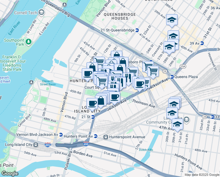 map of restaurants, bars, coffee shops, grocery stores, and more near 21-51 44th Drive in Queens