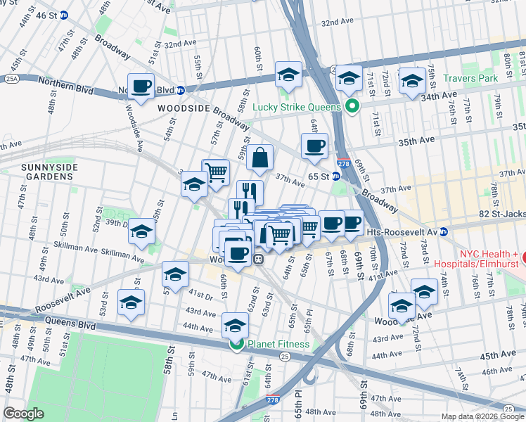 map of restaurants, bars, coffee shops, grocery stores, and more near 38-03 61st Street in Queens