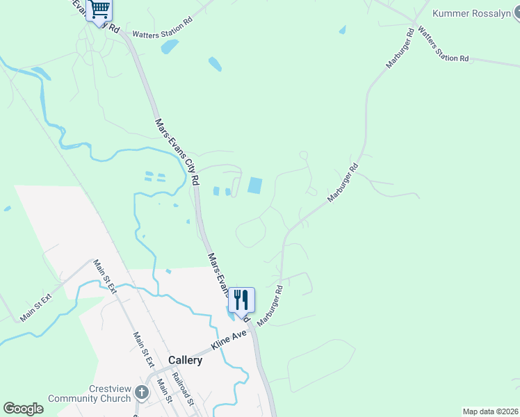 map of restaurants, bars, coffee shops, grocery stores, and more near 117 Pauline Place in Evans City