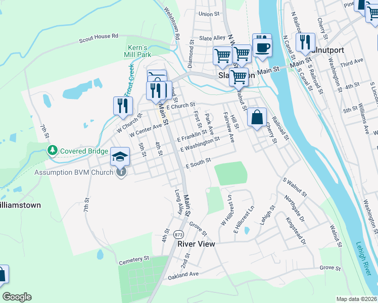 map of restaurants, bars, coffee shops, grocery stores, and more near 408 2nd Street in Slatington