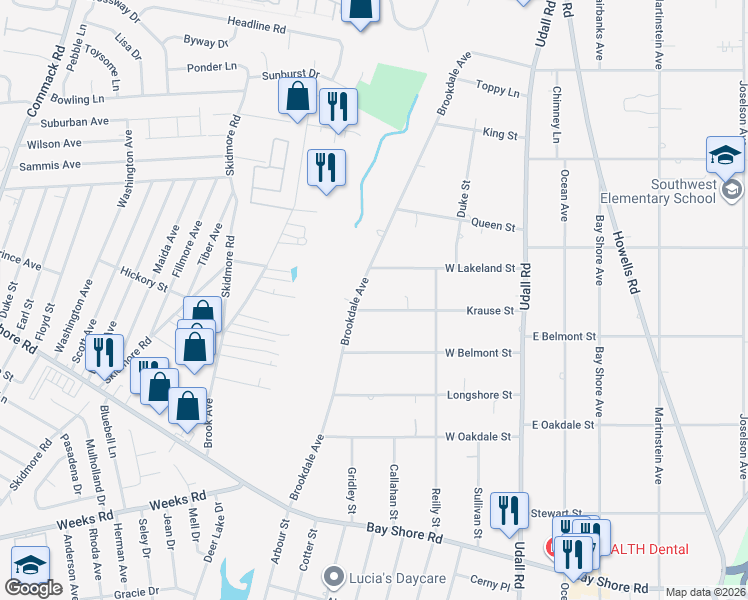 map of restaurants, bars, coffee shops, grocery stores, and more near 51 Krause Street in Bay Shore