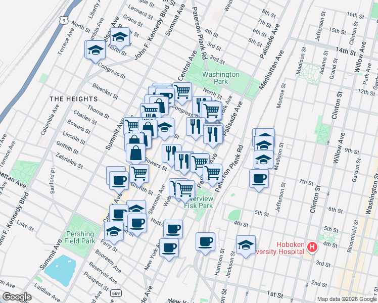 map of restaurants, bars, coffee shops, grocery stores, and more near 263 Webster Avenue in Jersey City