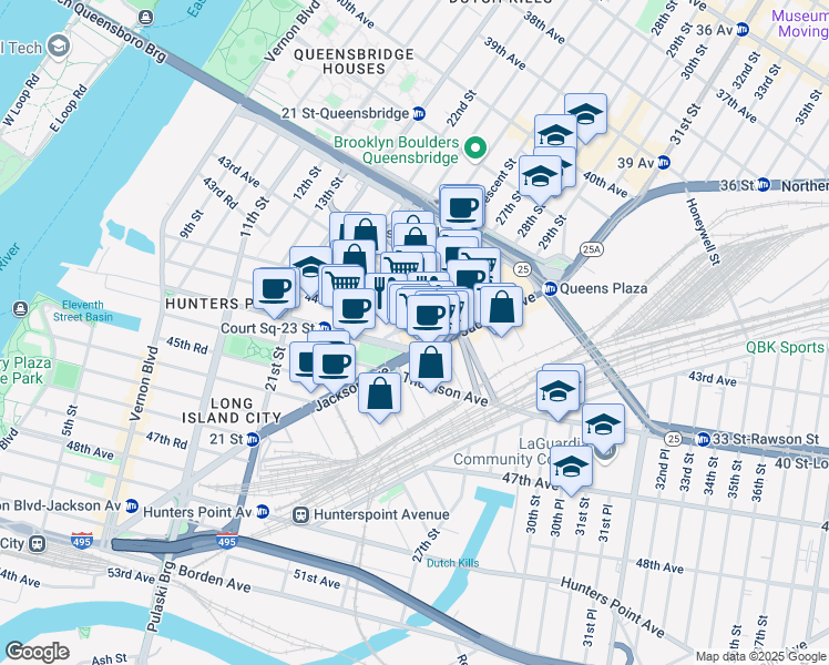 map of restaurants, bars, coffee shops, grocery stores, and more near 43-25 Hunter Street in Queens