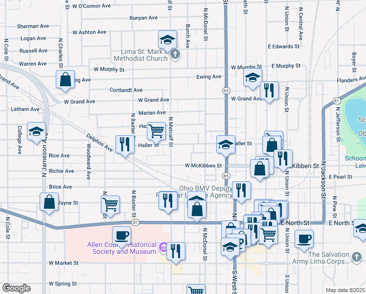 map of restaurants, bars, coffee shops, grocery stores, and more near 453 Haller Street in Lima