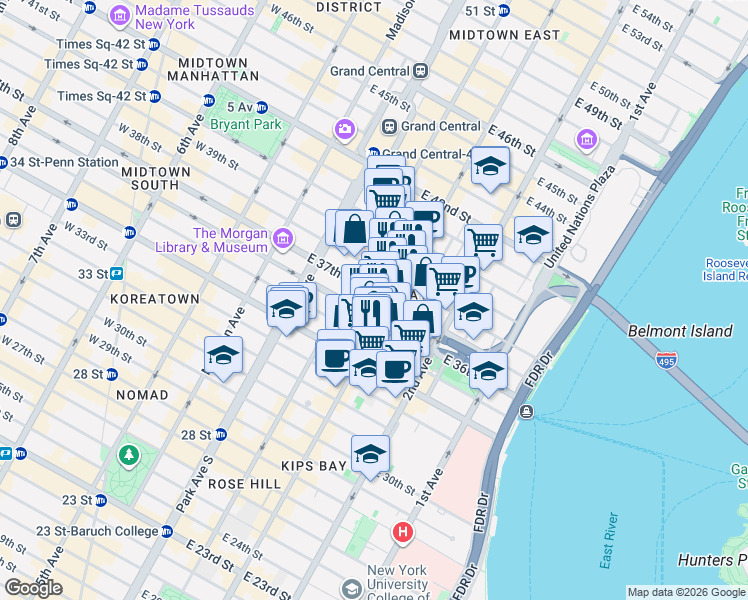 map of restaurants, bars, coffee shops, grocery stores, and more near 156 East 37th Street in New York