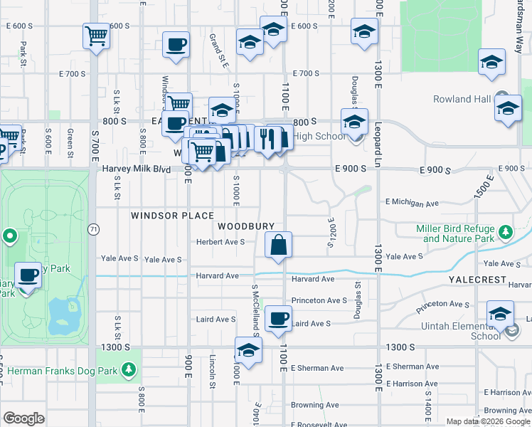 map of restaurants, bars, coffee shops, grocery stores, and more near 993 McClelland Street in Salt Lake City