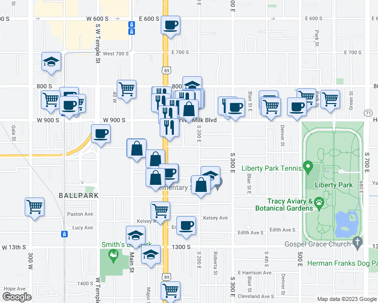 map of restaurants, bars, coffee shops, grocery stores, and more near 976 South 200 West in Salt Lake City