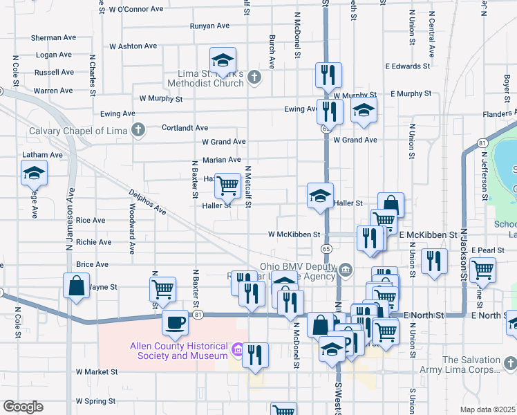 map of restaurants, bars, coffee shops, grocery stores, and more near 463 Haller Street in Lima