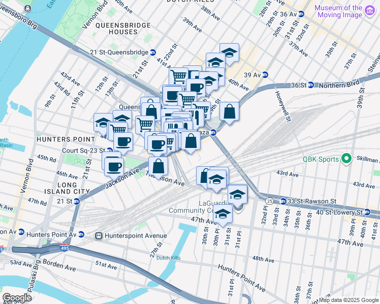 map of restaurants, bars, coffee shops, grocery stores, and more near 48 Jackson Avenue in Queens
