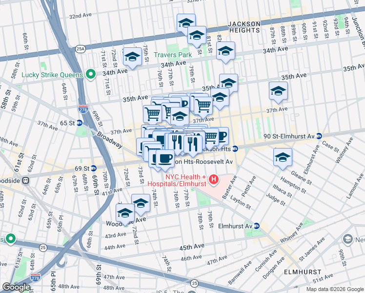map of restaurants, bars, coffee shops, grocery stores, and more near 37-55 77th Street in Queens