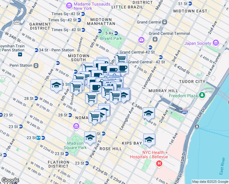 map of restaurants, bars, coffee shops, grocery stores, and more near 41 East 34th Street in New York