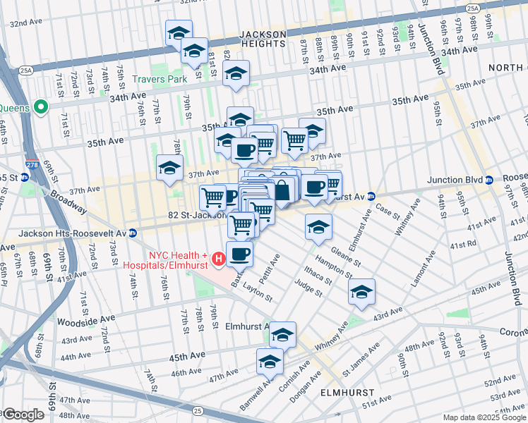 map of restaurants, bars, coffee shops, grocery stores, and more near Roosevelt Ave & 83rd St in Queens