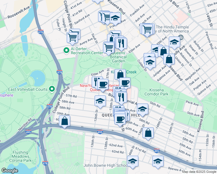 map of restaurants, bars, coffee shops, grocery stores, and more near 56-23 137th Street in Queens