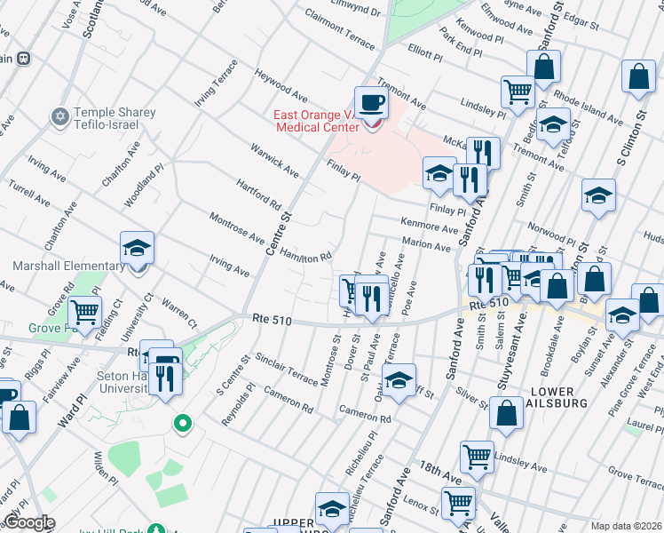 map of restaurants, bars, coffee shops, grocery stores, and more near 52 Stanley Road in South Orange