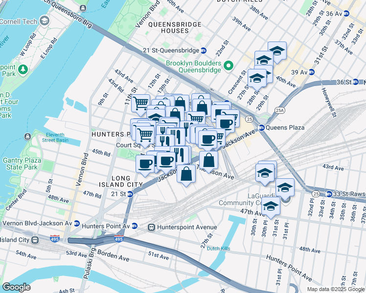 map of restaurants, bars, coffee shops, grocery stores, and more near 23-29 44th Drive in Queens