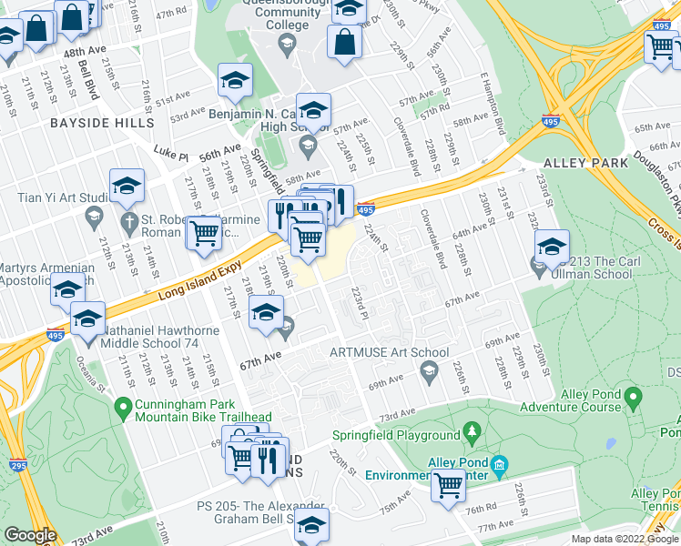 map of restaurants, bars, coffee shops, grocery stores, and more near 221-27 64th Avenue in Queens