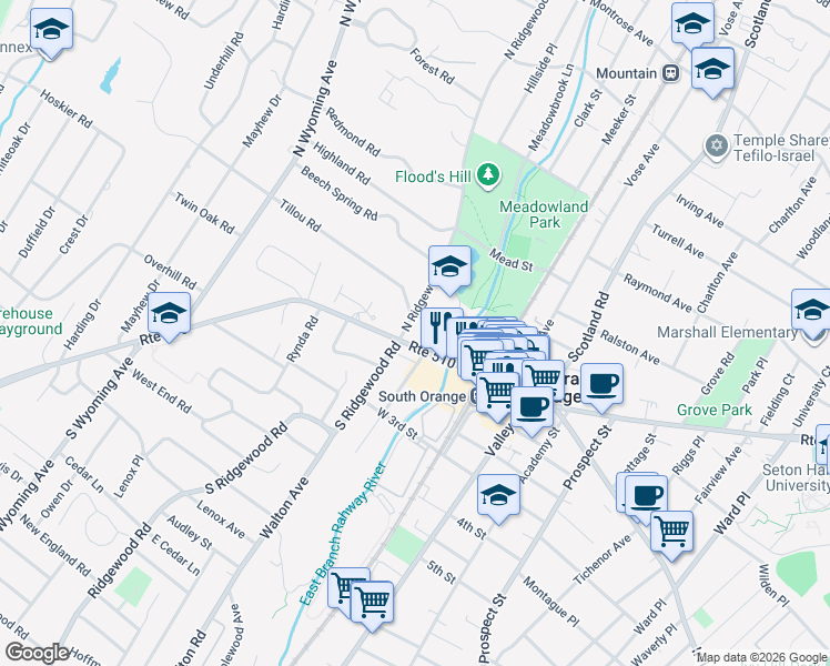 map of restaurants, bars, coffee shops, grocery stores, and more near 10 North Ridgewood Road in South Orange