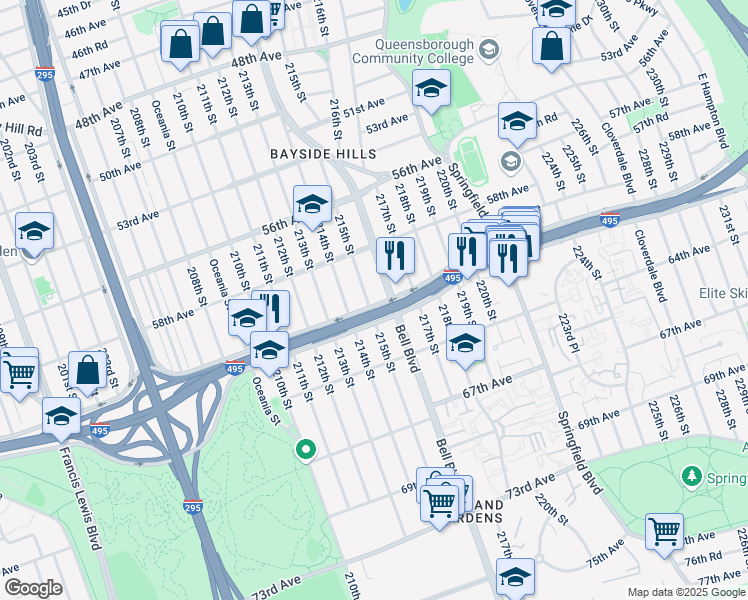 map of restaurants, bars, coffee shops, grocery stores, and more near 215 Horace Harding Expressway in Queens