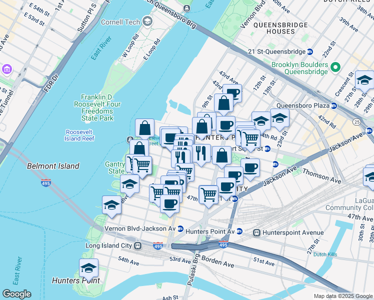 map of restaurants, bars, coffee shops, grocery stores, and more near 45-40 Vernon Boulevard in Queens